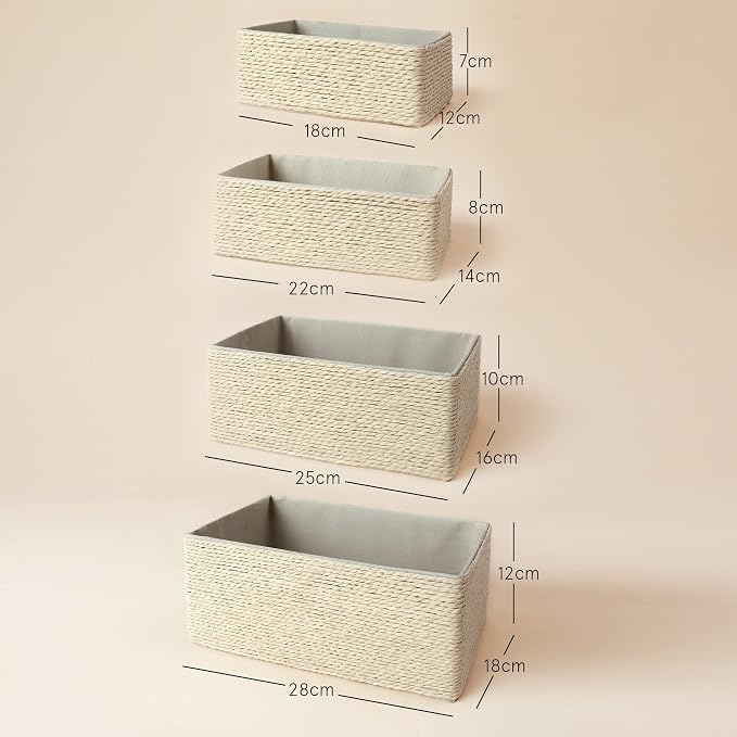 LA JOLIE MUSE Bathroom Basket Organizers, Paper Rope Storage, Beige 4 Pack | Stackable, Sturdy Lined Woven Basket, Organizer for Toilet Paper, Laundry Room Essentials, Shelves and Nightstand Drawers