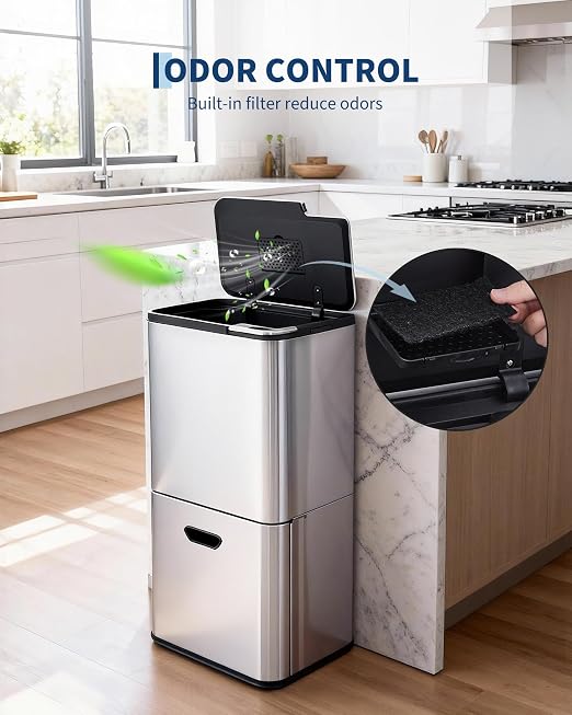 Garvee Dual Trash Can for Kitchen, 2 Compartment (33L + 28L) Garbage Can | Stainless Steel Trash and Recycle Bin Combo, with Compost Bin, Removable Inner Bucket, Odor Control, Silver