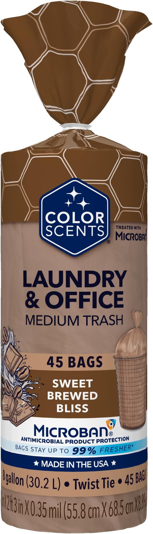 Color Scents 8 Gallon Trash Bags Twist Tie 45 Count Sweet Brewed Bliss | 8 gallon trash bags with Sweet Brewed Bliss scent and Microban protection Great scented trash bags for kitchens