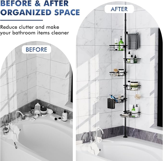 Shower Caddy Organizer Tension Pole, Corner Shower Shelves Bathroom Storage | 6 Tier Shelf, Rustproof 30-120’’ Adjustable, Towel Bar&Soap Dish for Bathroom Organizers, Shower Rack for Inside Shower,Black