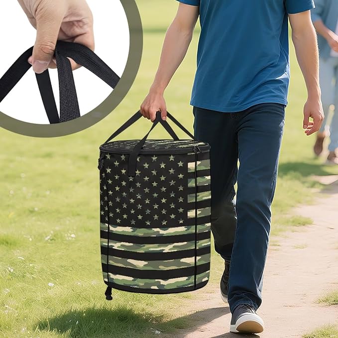 24Gal American Flag Collapsible Trash Can Camo Waterproof Pop-Up Bin w/Lid for Camping & Backyard | Leakproof Yard Waste Bag (Patriotic Decor)