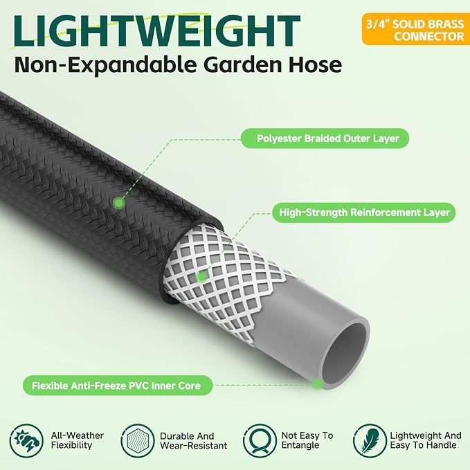 25ft Garden Hose – Lightweight & Flexible Water Hose, Leak-Proof Fabric & Non-Expandable with Shut-Off Valve for Yard, Outdoor Watering, Car Wash & RV