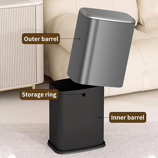 2 Gallon Small Office Bathroom Trash Can with Swing Lid, Living Room Bedroom Garbage can Wastebasket bin, Inner Bucket, Metal Decor Trash Can (Sliver Color)