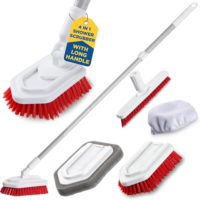 Shower Scrubber with Long Handle, Stiff Bristles Grout-Brush, Tub Scrub-Brush with Long-Handle, Shower-Cleaner Brush | Extendable, stiff bristles, scouring pad and microfiber cloth included