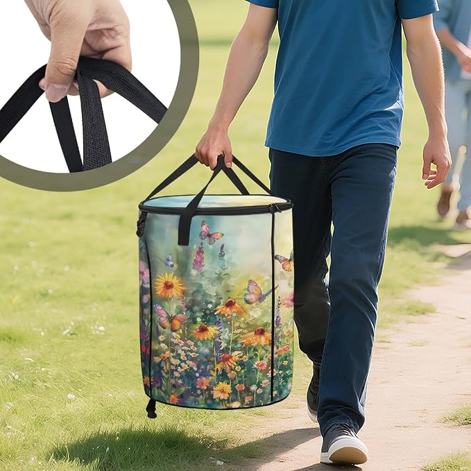 Daisy Floral Butterfly Print 24 Gallon Reusable Yard Waster Bag Garden Leaf Bin Collapsible Camping Trash Container Stand-up Waster Bin with Lid and Handles
