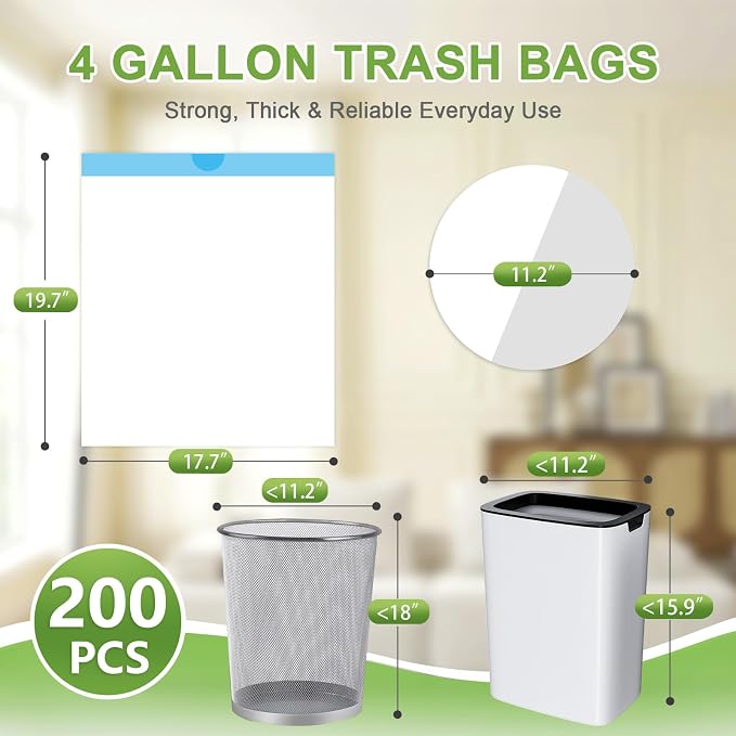 4 Gallon 200 Count Drawstring White Unscented Small Trash Bags | Leakproof Tear-Free Garbage Can Liners Fit 12-15L Bins for Bathroom Kitchen Office Car Daily Use