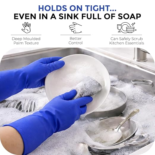 LADWA 2 Pairs Non-Slip Household Cleaning Reusable Dishwashing Gloves for Kitchen Washing Dishes Bathroom Gardening & Home Tasks Flexible Long-lasting & Waterproof Gloves Perfect for Woman Men (Blue)