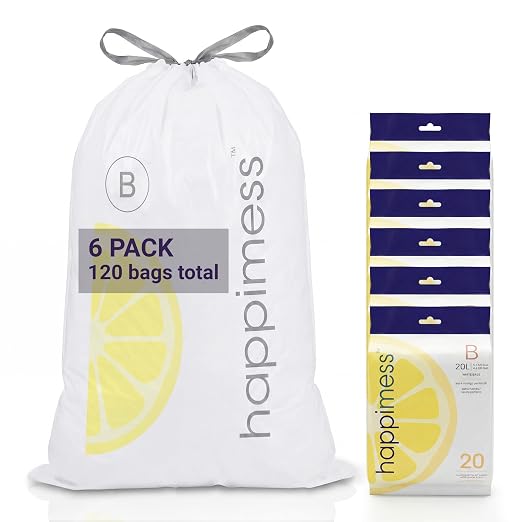 happimess 20-Count Lemon Scented 5.3 Gal Trash Bags, White, Pack of 6 | Kitchen Can Liners, Drawstring, Heavy Duty MDPE Plastic, Tear-Resistant, Recyclable, Custom Fit, Odor Control