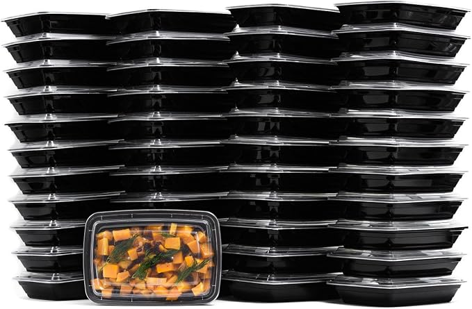 56oz Rectangular Microwavable Black Plastic Meal Prep Containers with Clear Lids - Food Storage Container - Certified BPA-Free, Stackable, Reusable Microwave, Dishwasher Safe, Disposable (150)