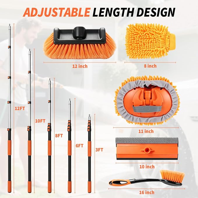 144'' Car Wash Brush with Long Handle Cleaning Kit | Scratch-Free Soft Bristle Wash Brush, Microfiber Mop, Window Squeegee, Wheel Brush, Mitt, Bucket, For RV, Truck, Boat, SUV