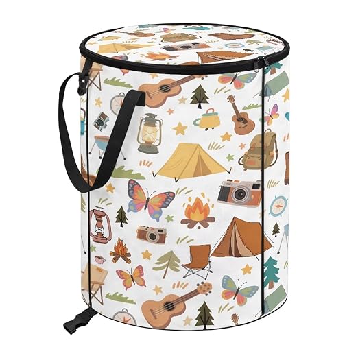 White Camping Trash Can Collapsable Cute Design Large Capacity Outdoor Garbage Can with Zipped Lid Water Resistant Trash Can Bags for Travel, Hiking, Outings
