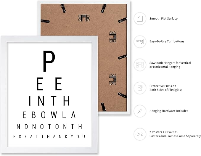 Poster Master 2-Piece Bathroom Sign Print - Eye Chart & Rules Poster - Humorous Guest Bath Decor - Minimal Typography Design - Powder Room Decor - Funny Restroom Sign - 16x20 White Framed