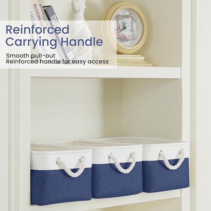 13.8x9.8x6.7 Inch Fabric Small Storage Bins with Handles 6 Pack | Foldable Storage Basket, Sturdy Metal Strand, Cardboard Support Molding, Small Baskets for Organizing, Shelves, White/Blue