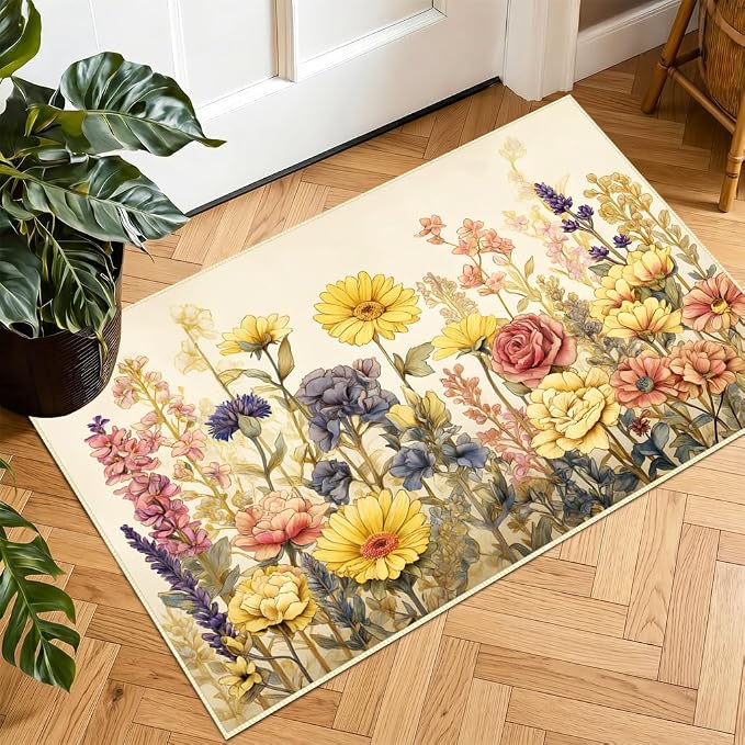 Vintage Floral Faux Cashmere Area Rug 15.7 x 23.6 Inch, Non-Slip Mat (Light Yellow)