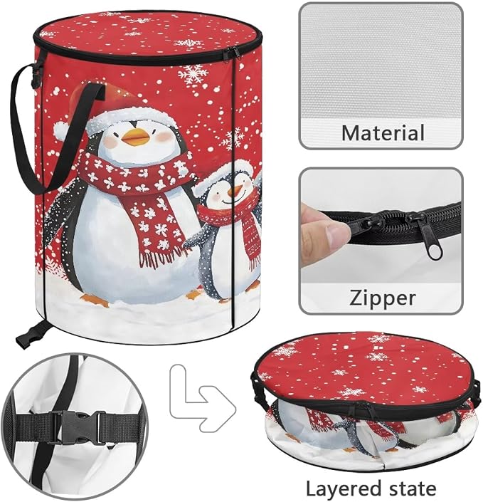 Christmas Penguin 24 Gal Collapsible Trash Can Waterproof Pop-Up Pop up Trash Can for Camping Backyard & Car Travel Easy to Clean Outdoor Garbage Bin Reusable Camping Essentials