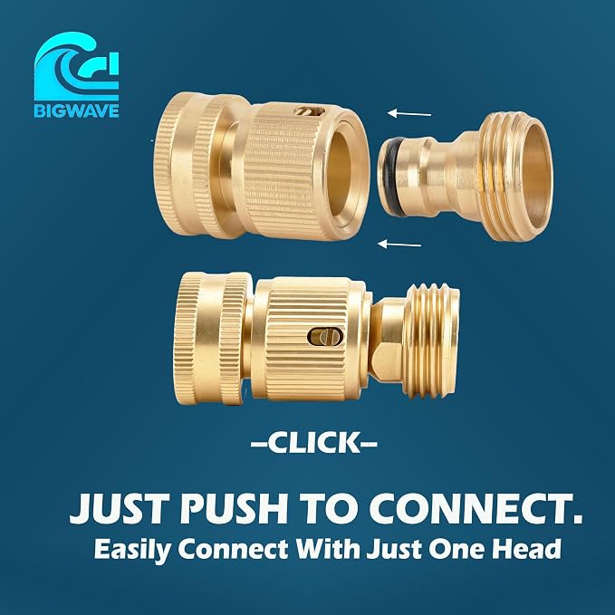 BIGWAVE Garden Hose Quick Connect, Solid Brass Quick Connector for 3/4 inch GHT Garden Hose Fitting Water Hose Connectors (2SETS)