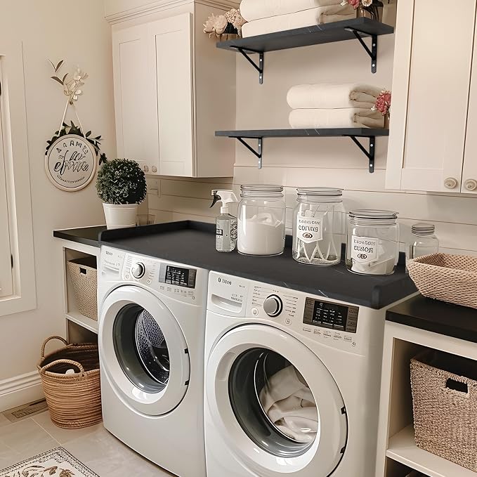 Washer Dryer Countertop, Melamine Countertop with Edge Rails - 27.5" Depth x 54" Width Laundry Room Organization, Cloud Atlas/Black Marble Pattern