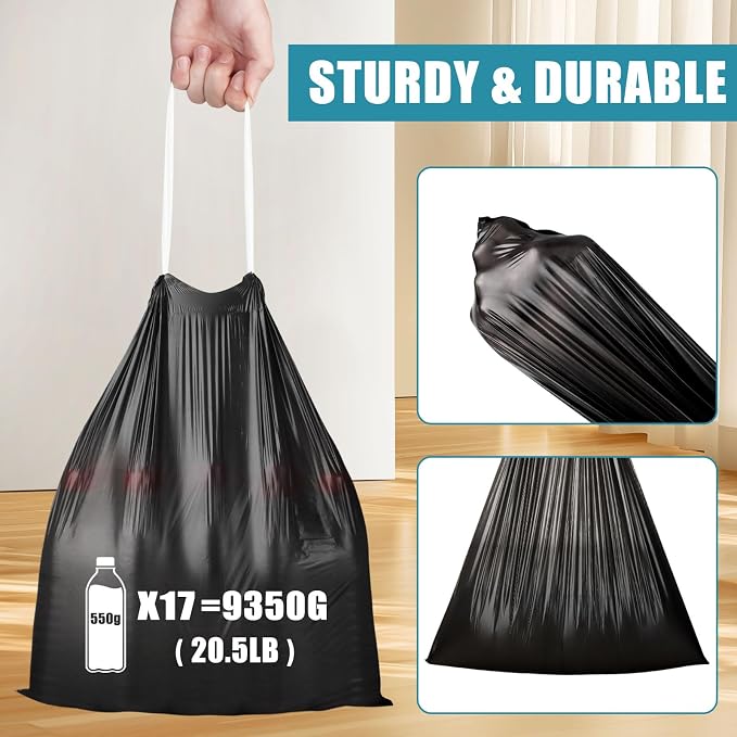 Small Trash Bags, 100 Count 4 Gallon Drawstring, Black | Tear-Free, Unscented, Small Garbage Bags, For Bathroom Kitchen Office Bedroom