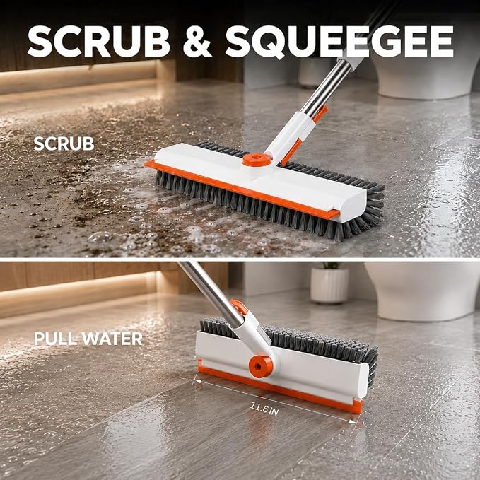 Heavy-Duty Floor Scrub Brush PRO with Long Handle,Squeegee&Stiff Bristles | Stable Locking Swivel Head Every 90°,Reinforced Stainless Pole,50" Long Reach,Indoor&Outdoor Use