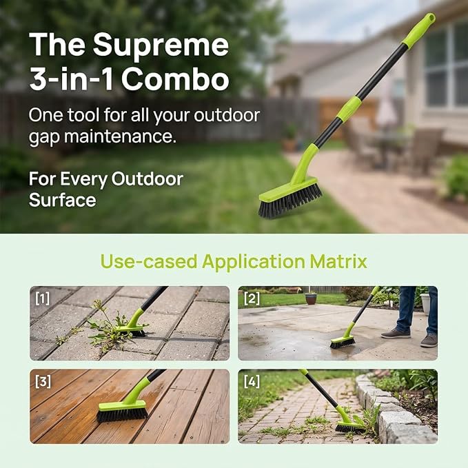 3-in-1 Versatile Weed Brush Combo Set, Floor Scrub Brush with Long Handle | Interchangeable Deck Cleaning Tool, Deck Brush for Patio, Concrete, Driveway & Outdoor Cleaning