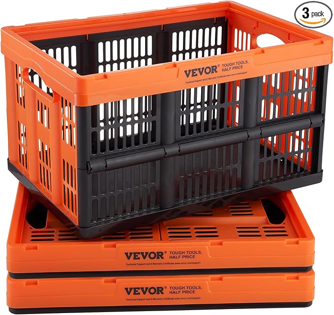 VEVOR 45L Plastic Collapsible Storage Basket 3 Packs, Folding Storage Crate | For Clothes, Toys, Books, Snack and Grocery Organizing, Folding Stackable Storage Containers/Bins with Handles, PP Material