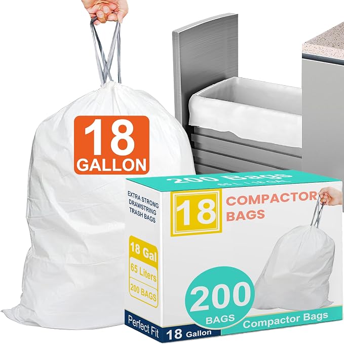 18 Gallon 200 Count Compactor Trash Bags 1.2 Mil THICK Heavy Duty Reinforced Drawstring Garbage Liners Fit 13-18 Gallon Compatible with Kitchenaid, Whirpool, GE 15 Inch Compactors