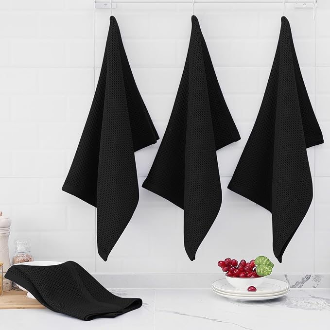 Homaxy 100% Cotton Oversized Waffle Weave Kitchen Towels 12-Pack, Black | 20 x 28 Inches, Ultra Soft Absorbent Dish Towels, Quick Drying Large Cleaning Towels