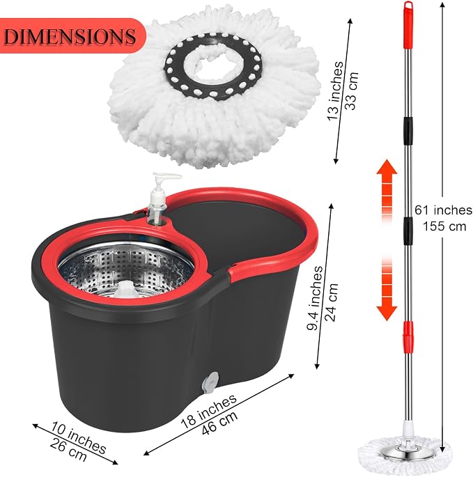 Spin Mop and Bucket with Wringer Set, 3 Mop Heads, 61" Adjustable Handle | 360° Spinning Mop Bucket System with 3 Microfiber Mop Heads & 61" Stainless Steel Adjustable Handle for Floor Cleaning