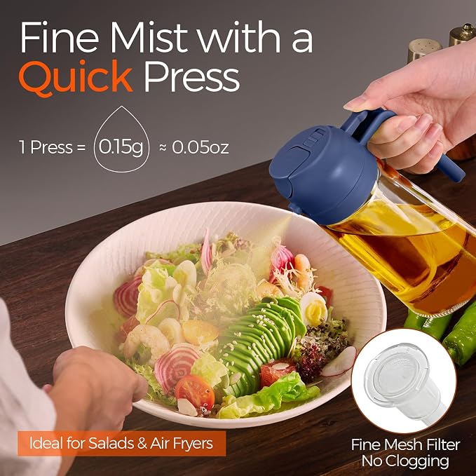 YARRAMATE 16 oz 2-in-1 Glass Olive Oil Sprayer for Cooking, Navy | Food-grade dispenser bottle, 470 ml, spray and pour, portion control, stickers included, for salad, frying and BBQ