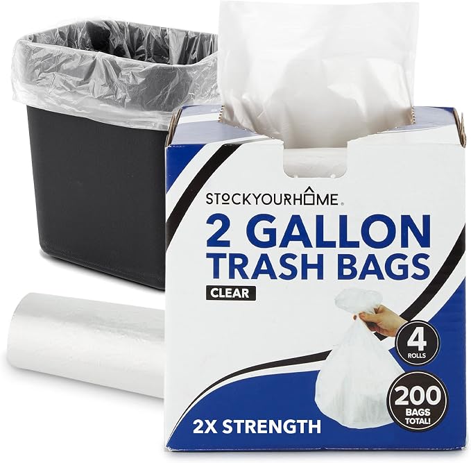 Stock Your Home Clear 2 Gallon Trash Bag (200 Pack) Un-Scented Small Garbage Bags for Bathroom Can, Mini Waste Basket Liner, Plastic Liners for Office Trashcan and Dog Poop, Bulk Household Supplies