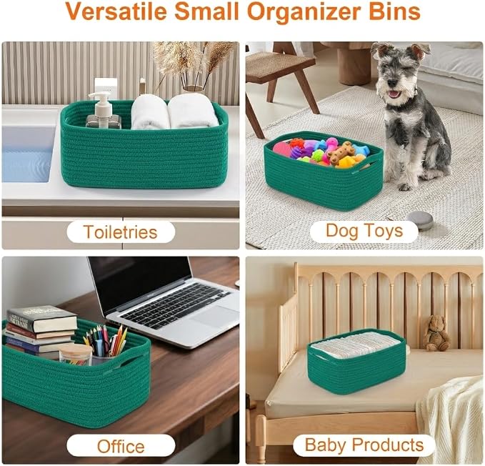 3Pack Small Woven Storage Baskets for Shelves Organizing | Cotton Rope Closet Organizer Bins, Basket for Gifts Empty, Nursery, Living room, Dog Toy Basket 13.2x8.2x5.2 in, Green