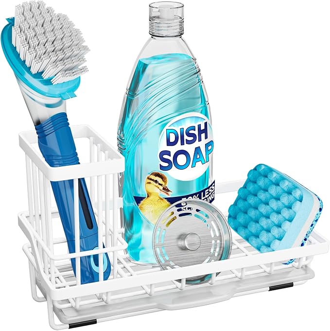 Consumest Sponge Holder for Kitchen Sink - Sink Caddy Organizer with Removable Drip Tray for Countertop Dish Soap Dispenser Brush Storage Kitchen Accessories 304 Stainless Steel, White