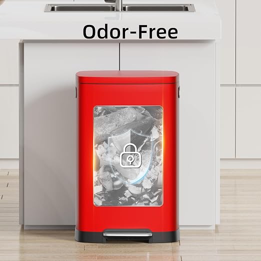 KUK 13 Gallon Kitchen Trash Can with Lid, 50L/13Gal Office Step Garbage Can for Home, Kitchen, Laundry Room, Office, Brushed Stainless Steel, Red