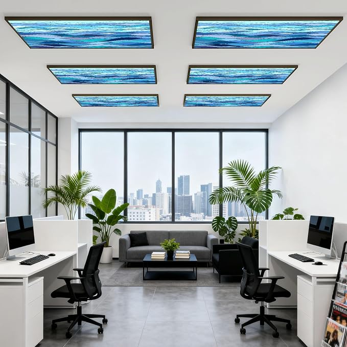 6 Pcs Fluorescent Light Covers for Ceiling Lights Abstract stylized wave sky like stained glass window Magnetic Decorative Shade Filters 4x2 ft for Classroom Office Hospital Decor