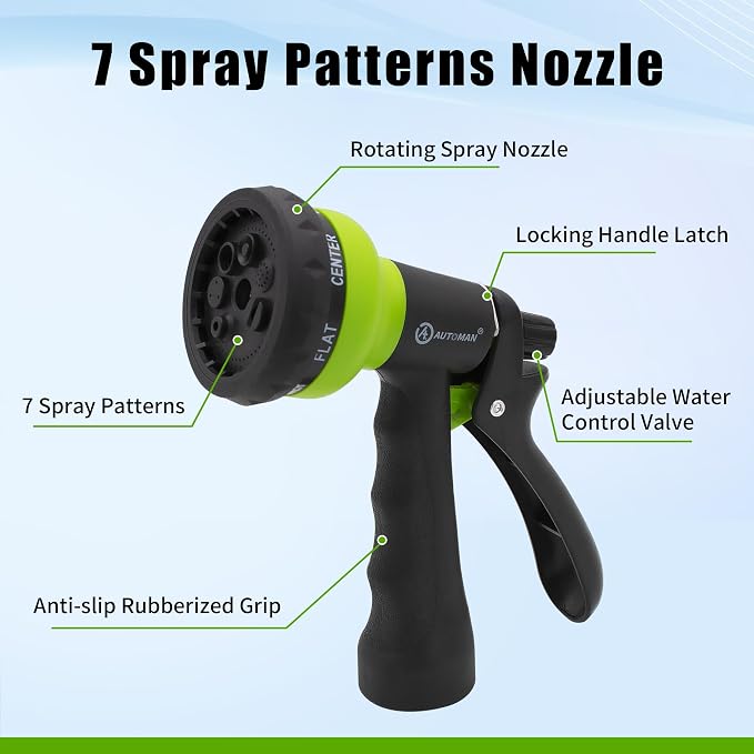 AUTOMAN Recoil Garden Water Hose 50 ft, EVA Curly Water Hose with Brass Connectors, Garden Hose Coil,Includes 7-Pattern Function Sprayer,Retractable,Corrosion Resistant Garden Coil Hose.Green