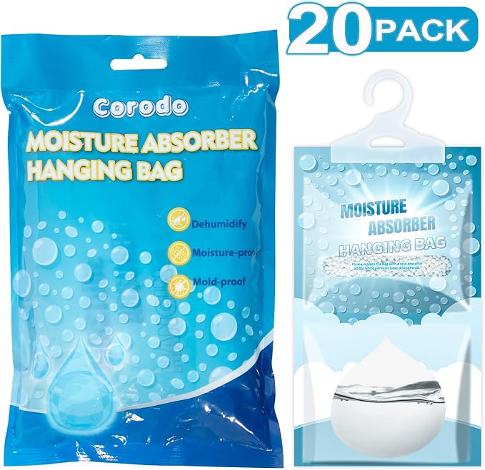 20 Pack Hanging Closet Dehumidifier Bags Moisture Absorbers for Cars | Fragrance Free Leakproof Moisture Absorbing Bags for Closet, Bathroom Basement RV, Eliminates Odors for Fresher, Cleaner Air