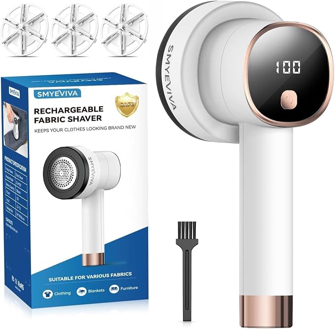 Rechargeable Fabric Shaver, 6-Leaf Blades, LED Display, 3 Speeds | Portable Lint Remover Easy to Remove Pilling, Fuzz & Lint Balls from Clothes, Sweater, Couch, Blanket, Furniture, Coat, White