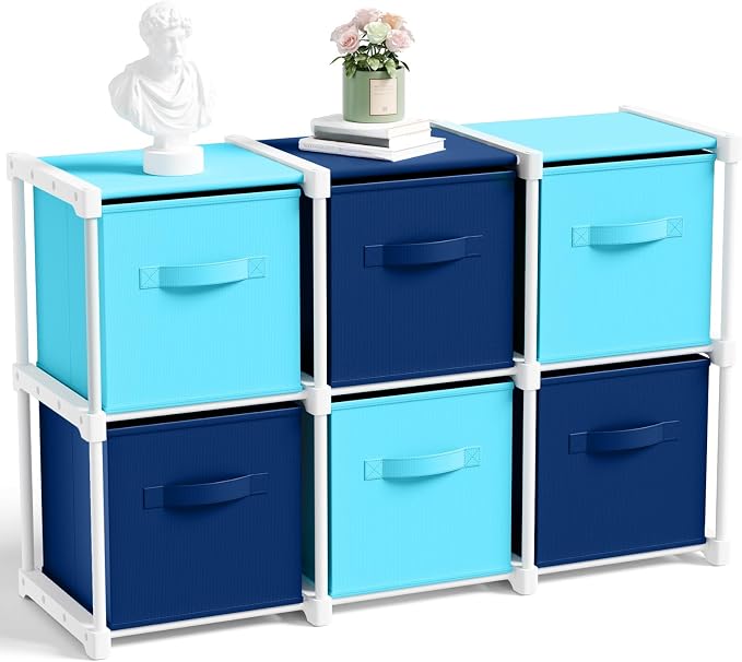 Briwooody 6 Cube Storage Organizer Bins with Shelf, Dark Blue,Light Blue | 11x11'', Storage Organizer, Toy Storage Box, Back to School, Dorm Organizer, Fabric Drawers, Playroom Bedroom Storage Cabinet