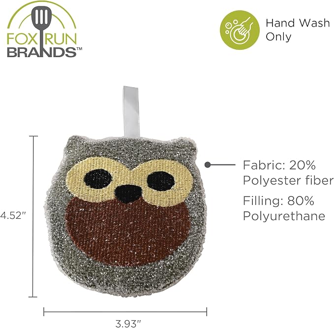 Fox Run Woodland Animal Sponge Set, Non-Abrasive Fox, Owl & Bear Scrubbers | Easily Clean Plates, Pots & Glasses | Dish Sponges For Nonstick Pans | Cute Kitchen Décor | Reusable Animal Scrub Sponge Set