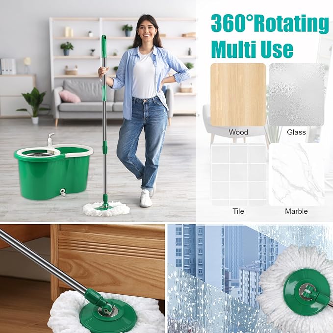 Spin Mop and Bucket with Wringer Set, 3 Microfiber Mop Heads, 61" Handle | 360° Spinning Mop System with Stainless Steel Adjustable Handle & 3 Microfiber Replacement Heads for Floor Cleaning