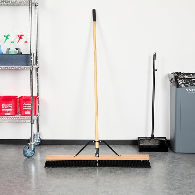 Restaurantware-Clean Tek Professional 36 Inch Push Broom, 1 Heavy-Duty Broom with 60â€ Handle - Fine Plastic Bristles, Durable, Wooden, Commercial Use, for Deck, Driveway, Garage, Yard, Patio