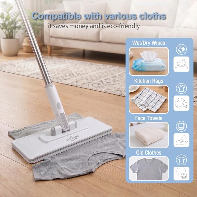 Pawnexa Mop,Clamp Mop,Hands Free Multi Purpose Flat Mops with Squeegee,Snap Grip Mini Mops Use Any Cloth,Zero Touch Dirty Cloth Release,for Whole House Cleaning(31”Handle,6 Cloths)