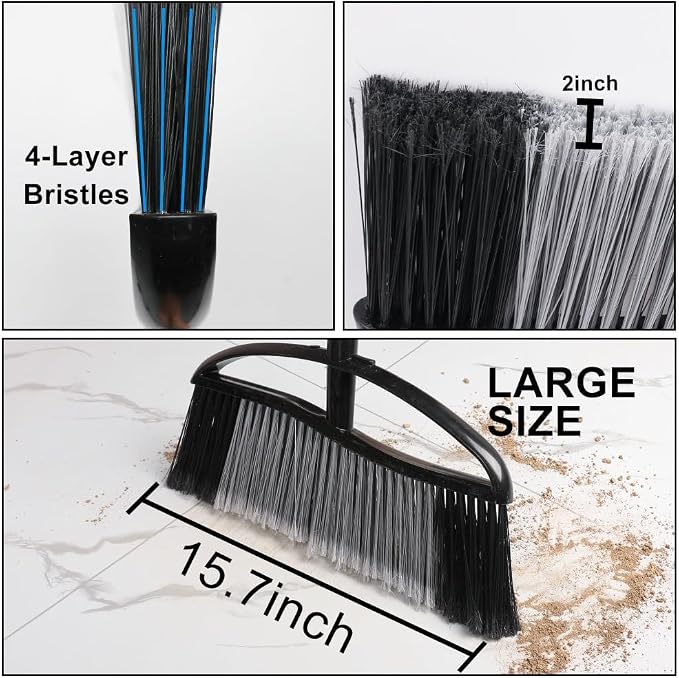 Outdoor Broom 15.7" Wide, Stiff Bristles & Long Handle for Yard | Adjustable 38-53.5" Handle, Wide Sweeping Broom Head, No-Bend Sweeping (Black)