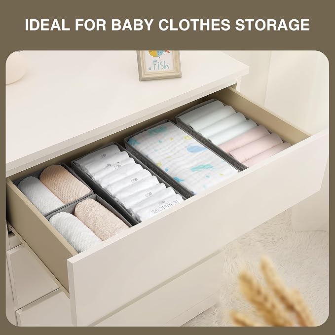 DIMJ Drawer Organizers Clothes, Set of 4 Dresser Organizer Bins, Fabric Closet Organizers and Storage, Shallow Drawer Dividers for Nursery, Clothing, Baby Clothes, Socks, Underwears, Tie (Grey)