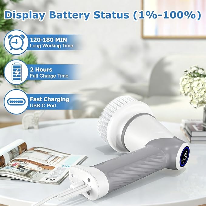 DAESUNG Electric Spin Scrubber, Electric Bathroom Brush with 7 Replaceable Heads, Power Scrubber with LED Display, Electric Scrubbers for Cleaning Shower, Tile, Grout, Sink