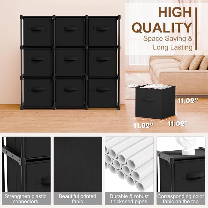 Briwooody 9 Cube Storage Organizer Bins with Shelf, Black | 11x11'', Storage Organizer, Toy Storage Box, Back to School, Dorm Organizer, Fabric Drawers, Playroom Bedroom Storage Cabinet