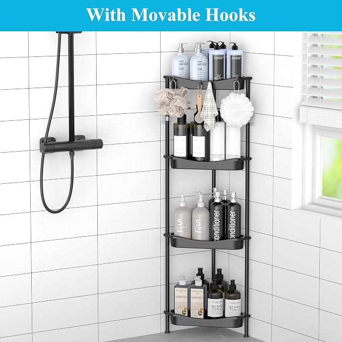 HuggieGems Metal Floor Standing Corner Shower Caddy, Jet Black, 4 Tier | Adhesive Bathroom Organizer Shelves, Free Standing Shower Rack with Hooks, Hold Large Shampoo Bottles