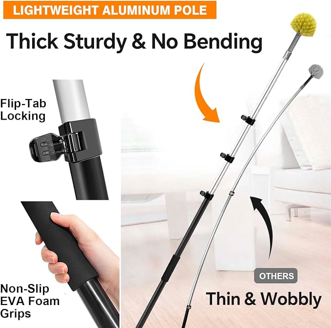 4-in-1 4-12Ft 4-Stage Telescoping Extension Pole Kit for Cleaning | Feather Dusters with Bristles for Outdoor Indoor, 4-Stage Spider Web Remover with Telescopic Pole for Ceiling Wall Yellow