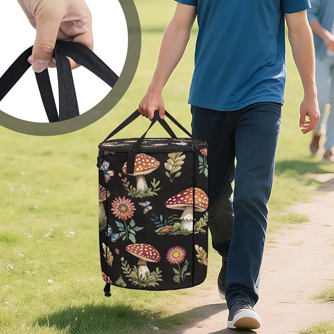Mushroom Leaf Print Collaspible Trach Can wtih Lid and Handles 24 Gallon Large Capacity Trash Can for Yard Picnic Camping Garden Leaf Bin Reusable Waster Bags