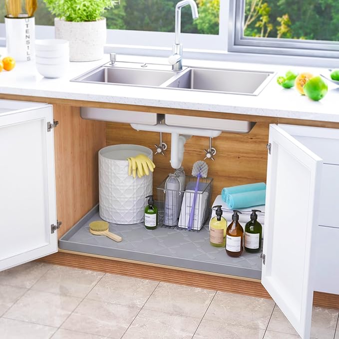 SIKADEER Waterproof Under Sink Mat Silicone 28" x 22" Kitchen Cabinet liner | BPA-Free Silicone Mat with Raised Lip Protects Cabinets from Leaks, Versatile Home Organizer for Bathroom, Pets, Boots, Floor